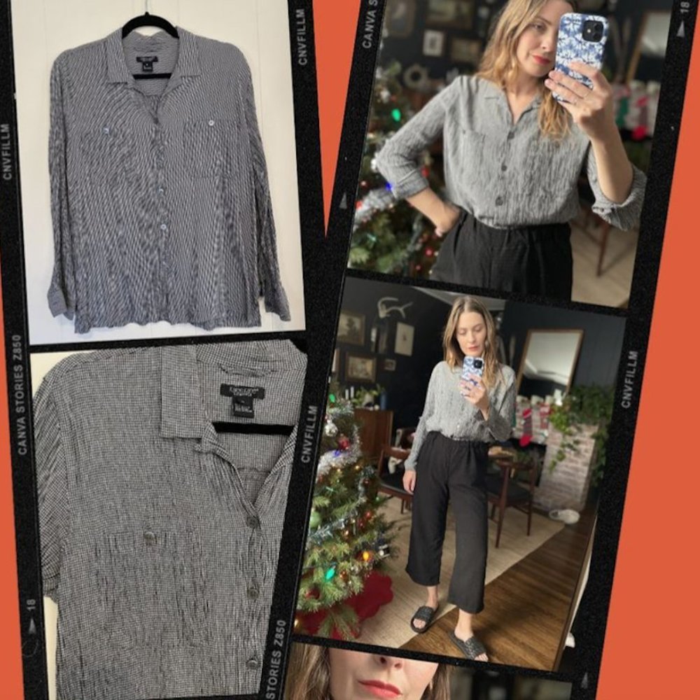 Vintage Women's Black and White Gingham Blouse